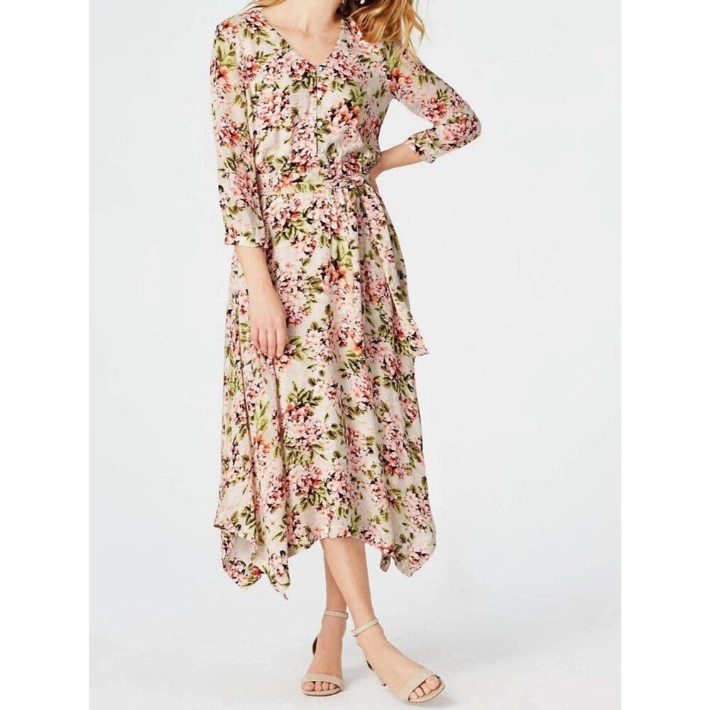 J Jill Pebble Hydrangea Floral Print Asymmetrical Hem Tie Waist Dress Size M T